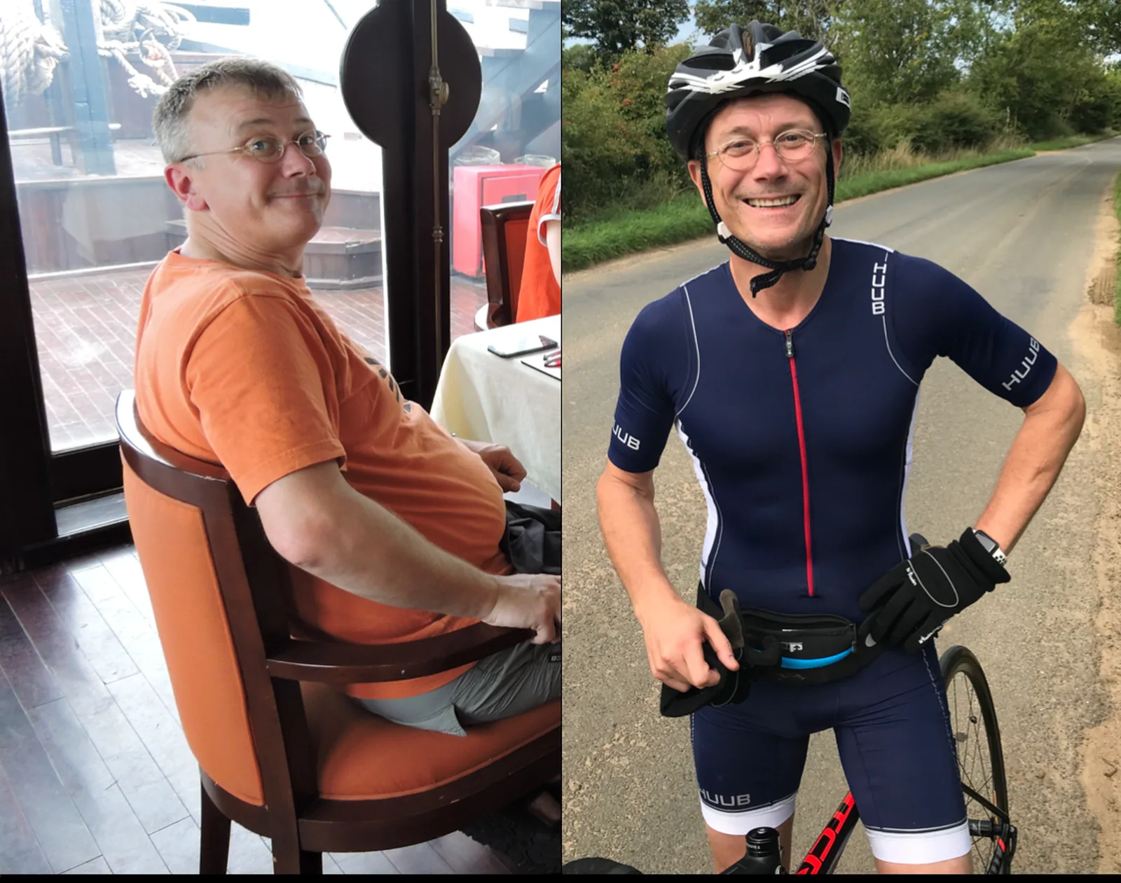 Owen Pettiford before and after: seated at a table on the left, and on the right in cycling kit beside a road bike